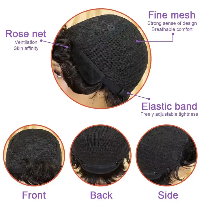 Perruque courte coupe pixie droite en cheveux humains pour femmes, fabriquée à la machine, avec fran