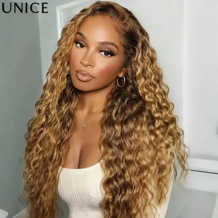 UNice Bye-Bye Slip ™ Perruque 13x4 Lace Frontal Couleur Bronde avec Mèches Blond Miel Ondulées Eff