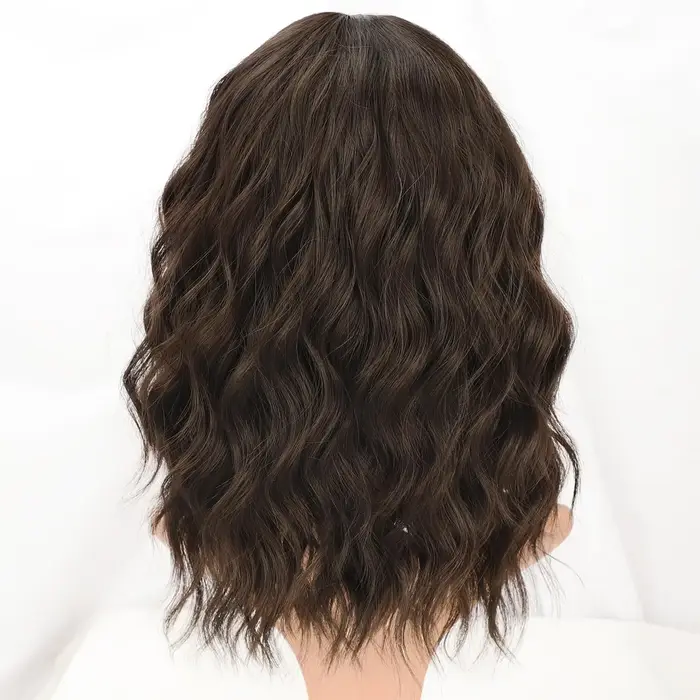 Perruque synthétique bouclée ondulée brune naturelle avec frange pour femmes