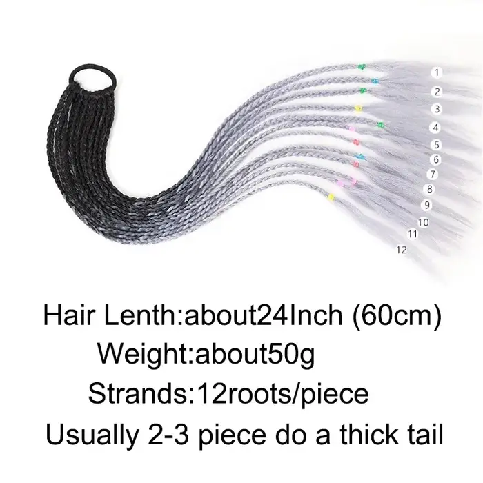 24Inch Synthetic Gradient  Colored Braided Ponytail Hair Extension Elastic Rubber Band Braiding Pony
