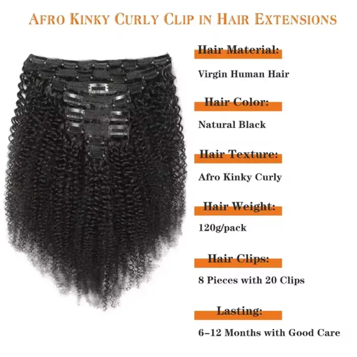 Extensions de cheveux humains vierges 4C à clipser