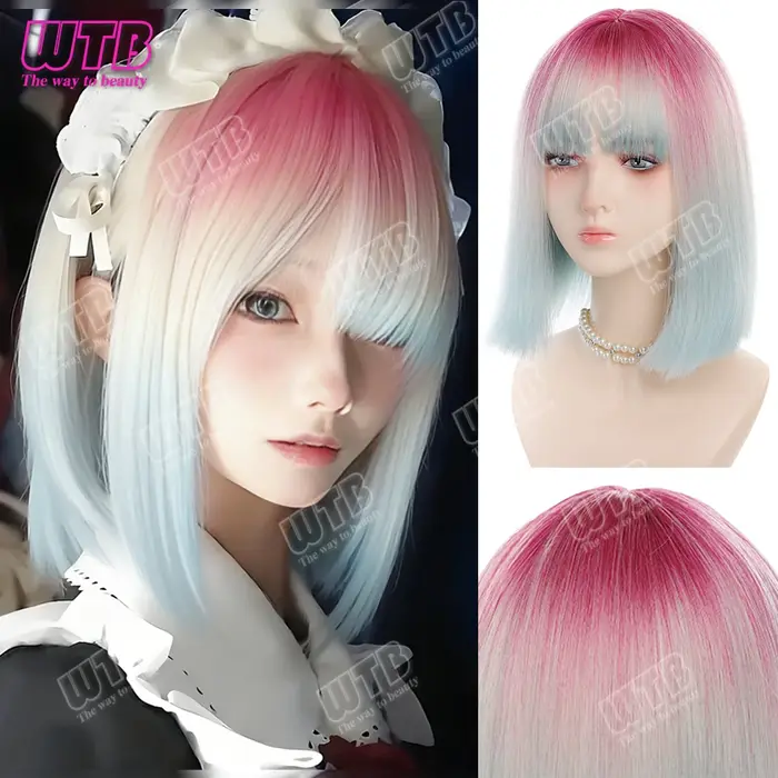 WTB Perruque synthétique Lolita dégradée avec frange droite, adaptée aux femmes et aux filles, pour les fêtes et le cosplay