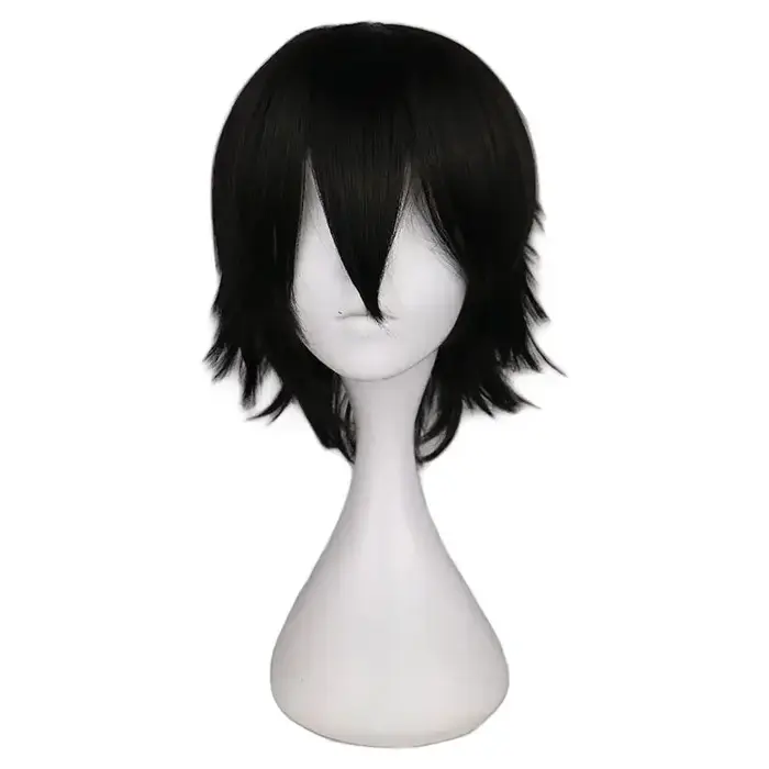 QQXCAIW-Perruque Cosplay Courte et Droite Noire pour Homme, Perruques de Cheveux Synthétiques en Fib