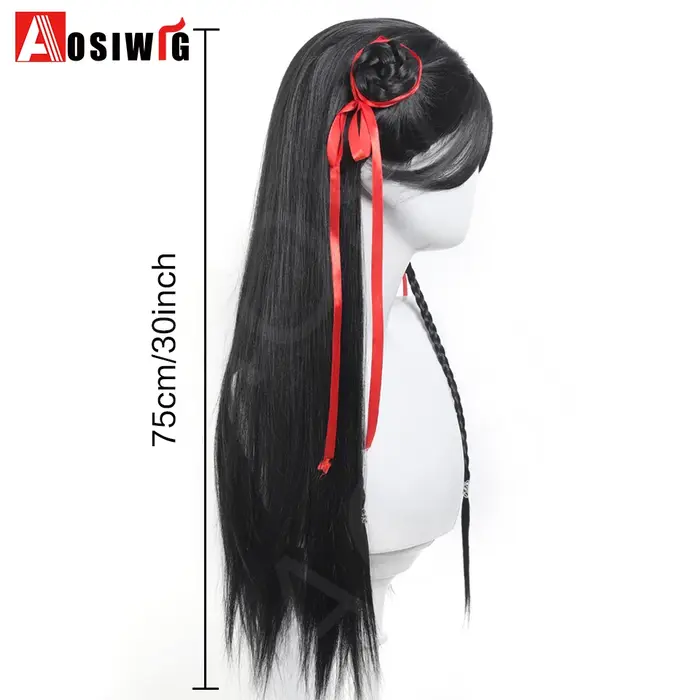 Anime films chinois Cosplay perruque noir cheveux longs raides avec tresse ruban rouge Double chignon styleet