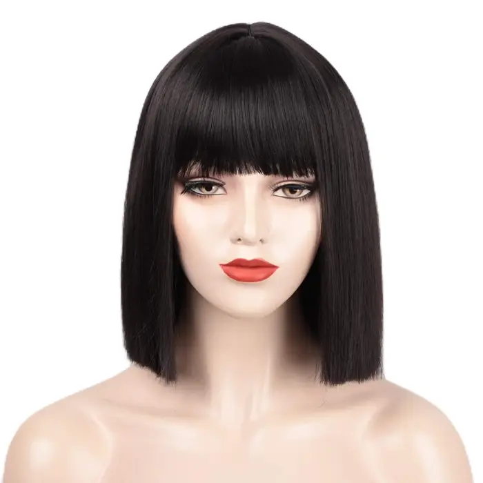 Perruque Bob noire avec frange, perruque courte noire adaptée aux perruques pour femmes, perruque sy