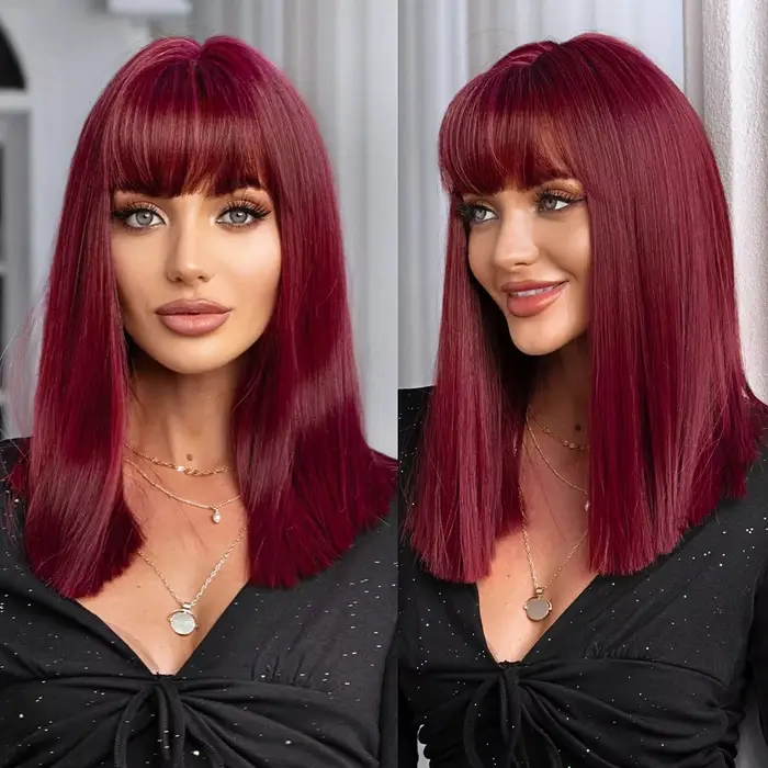 Perruque synthétique de coiffure bob rouge vin à la mode pour la fête
