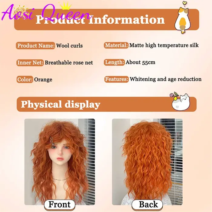 Perruques synthétiques bouclées Orange avec frange pour femmes