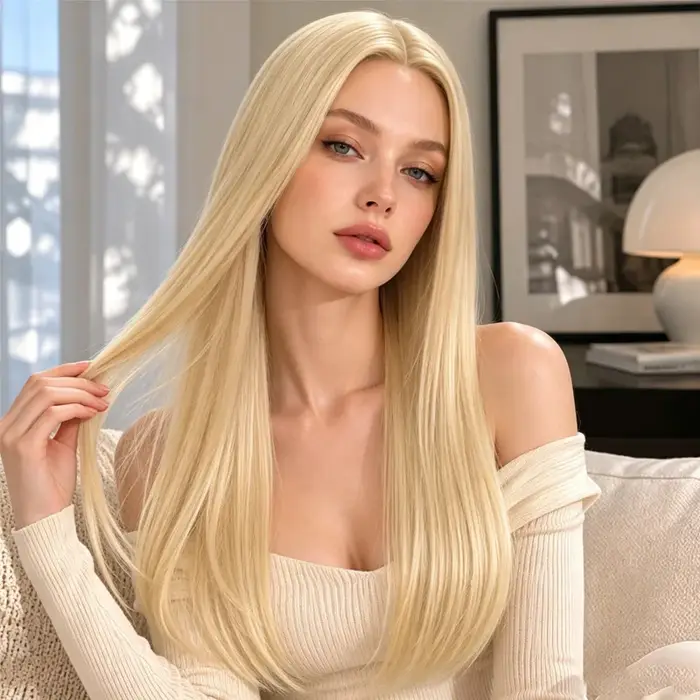 Perruque synthétique blonde droite de 28 pouces de long