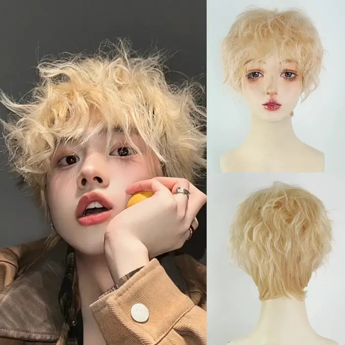Perruque synthétique Blonde courte ondulée bouclée pour hommes