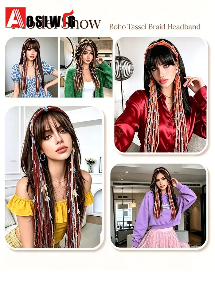 Extensions de cheveux synthétiques tressées à pampilles style bohème, couleur Maillard vintage, avec bandeau, pour femmes, accessoires capillaires pour festivals et vacances
