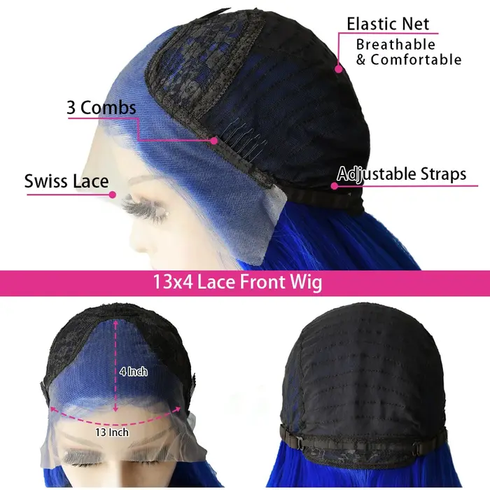 Perruque bleu nuit longue et droite avec dentelle frontale 13x4 HD