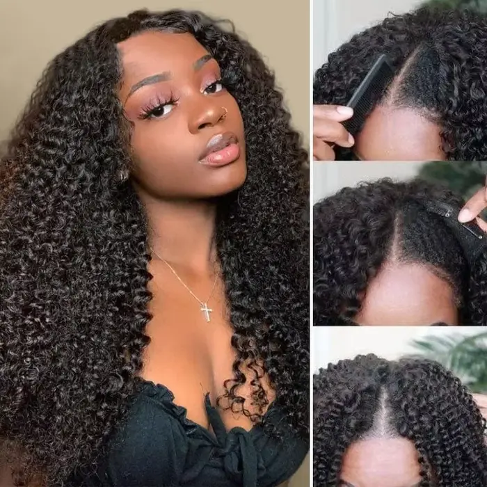 300% crépus bouclés V partie perruques cheveux humains pas de laisser de sortie mise à niveau vague 