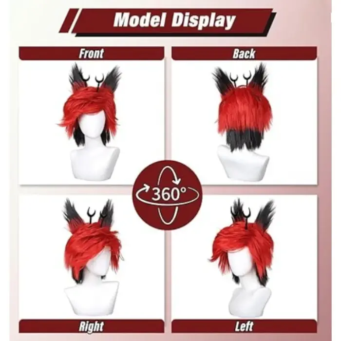 Perruque noire et rouge avec clips de cornes et oreilles détachables pour cosplay