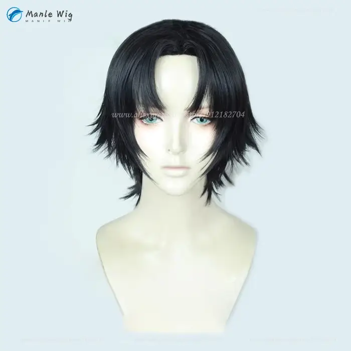 Perruque de Cosplay synthétique noire de 30cm