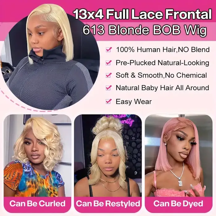 613 Blonde courte Bob perruque 13x4 HD Transparent dentelle frontale