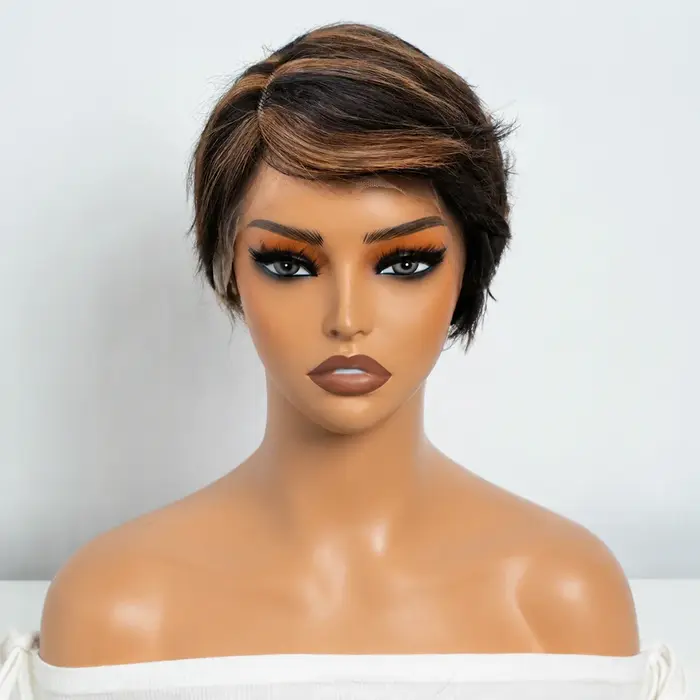 Perruques Lekker CLearance Highlight Short Pixie Cut Side Part Lace Front 100% Cheveux Humains Pour Femmes Sans Colle Cheveux Brésiliens Remy Bob