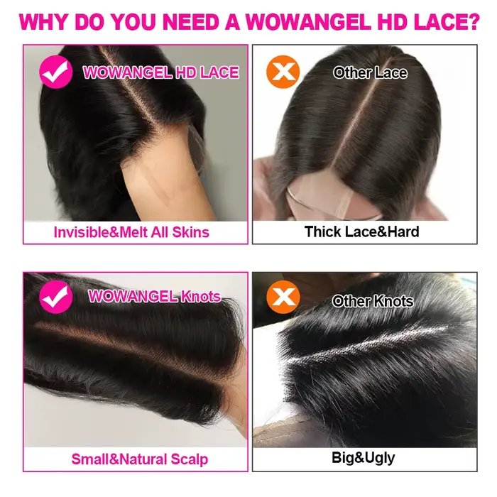 WOWANGEL 2x6 séparation profonde HD dentelle fermeture frontale seulement peau fondu cheveux raides 