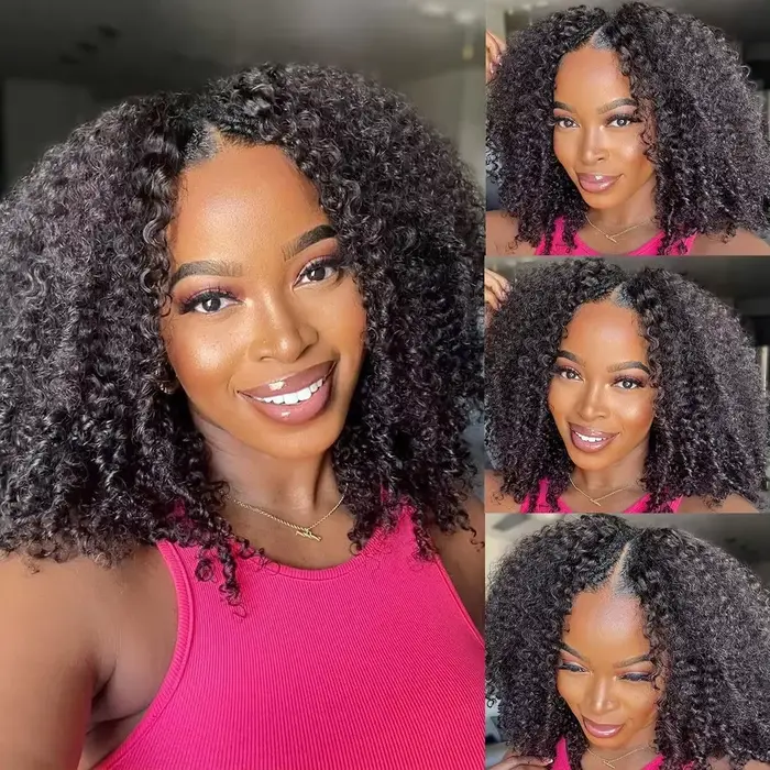 300% crépus bouclés V partie perruques cheveux humains pas de laisser de sortie mise à niveau vague 