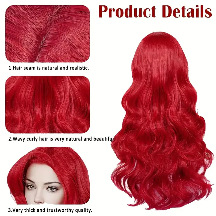 Perruque de cosplay synthétique longue bouclée rouge de 26 pouces