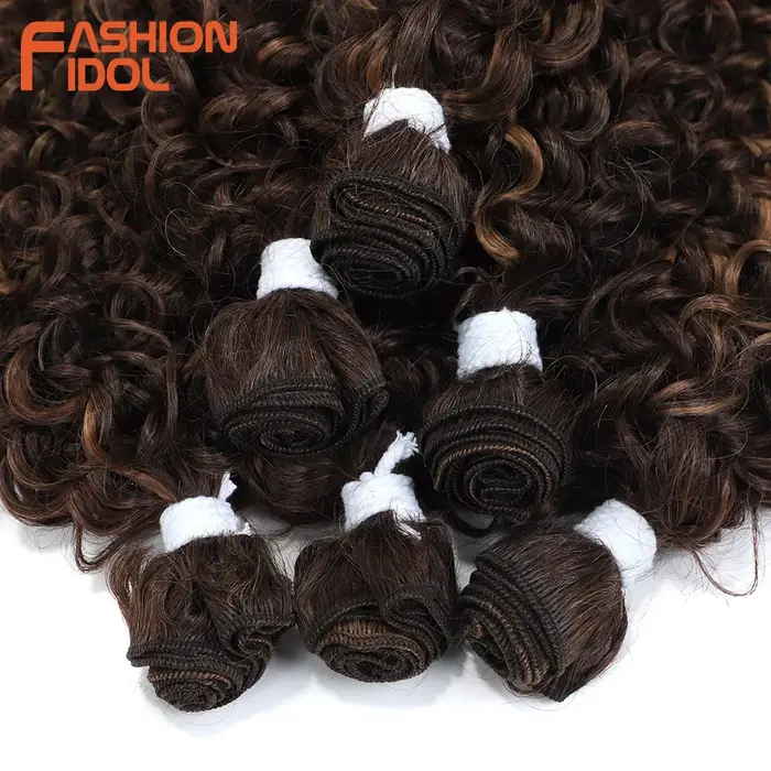 Extensions de cheveux afro bouclés crépus FASHION IDOL, 14-18 pouces, 6 pièces, mèches synthétiques, tissage, ombré brun, cheveux artificiels