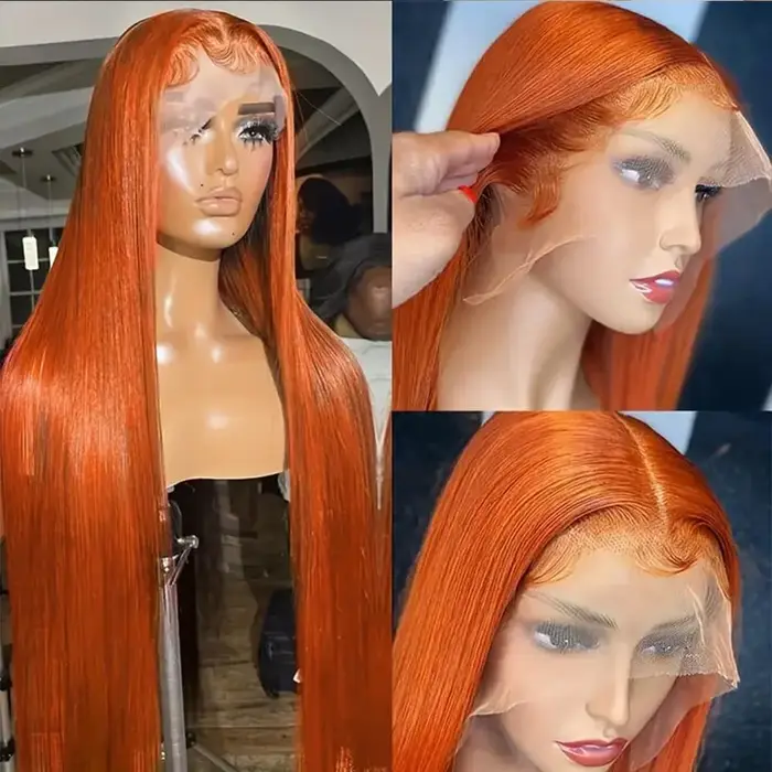 30 40 pouces Orange gingembre 13x6 HD dentelle frontale perruque cheveux humains os droit 13x4 Trans