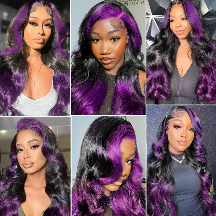 Perruques Lace Front Ombré Violet 13x4 à Rayures, Cheveux Humains Ondulés, Mèches Violet Foncé, Perr