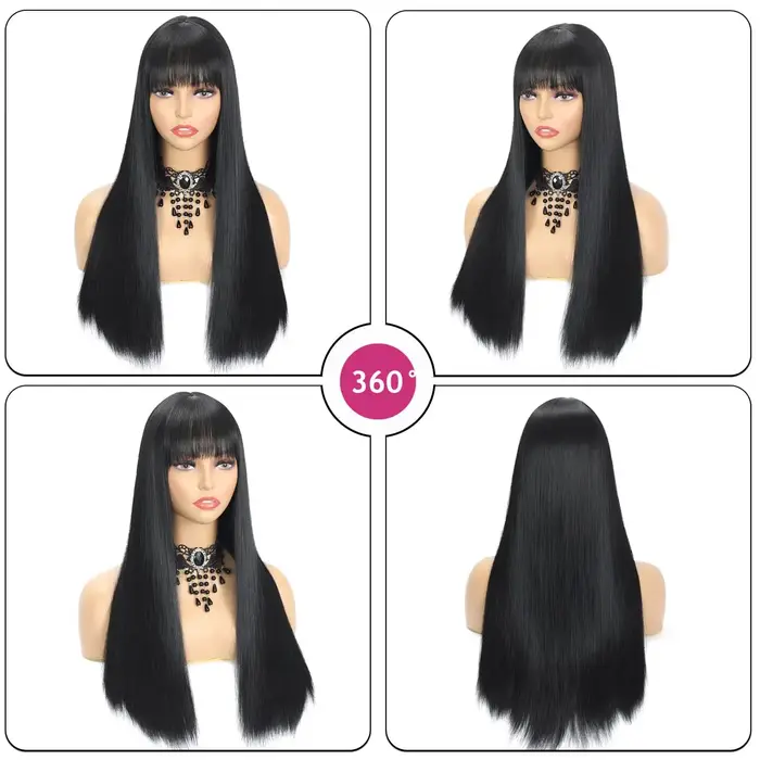 Perruque synthétique noire de 26 pouces avec cheveux longs et raides