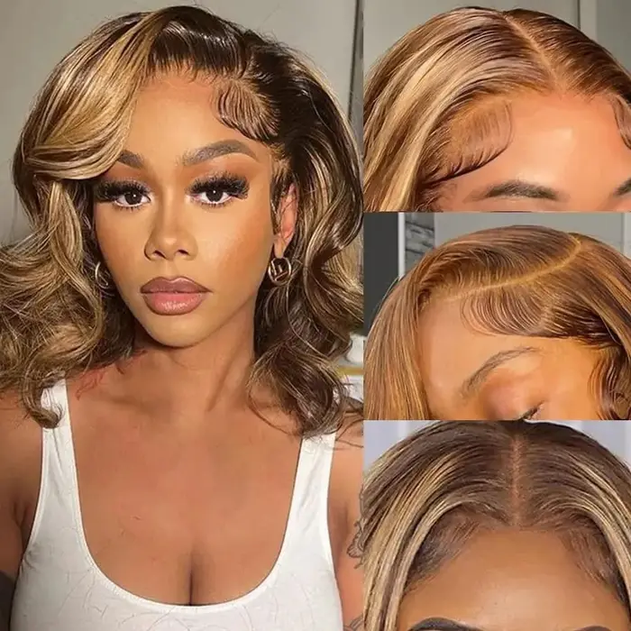Perruque courte ondulée 4/27 en cheveux humains, perruque frontale HD 13x4 en dentelle complète, qua