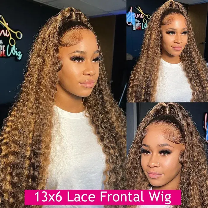 Luckathy bouclés couleur mettre en évidence perruque cheveux humains vague profonde 13X6 Hd dentelle