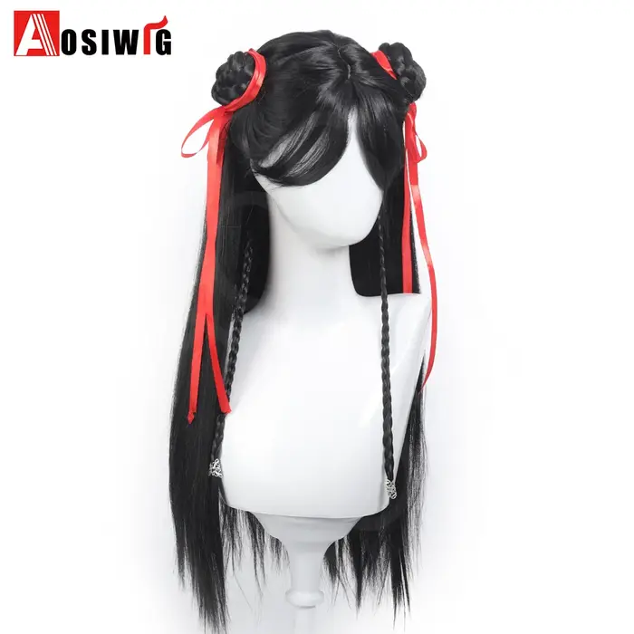 Anime films chinois Cosplay perruque noir cheveux longs raides avec tresse ruban rouge Double chignon styleet