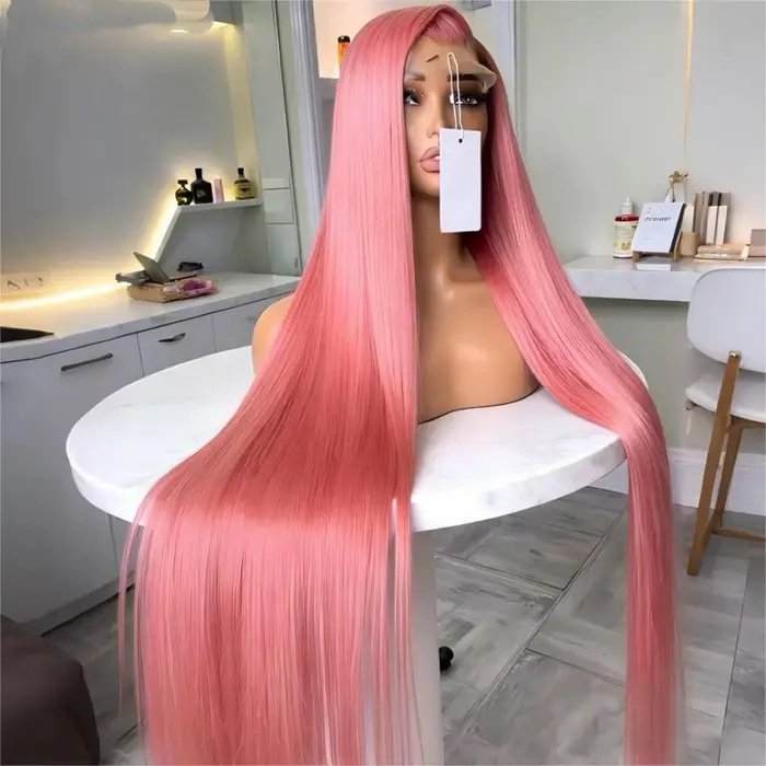 Perruque Lace Frontal Wig synthétique lisse et soyeuse de couleur rose