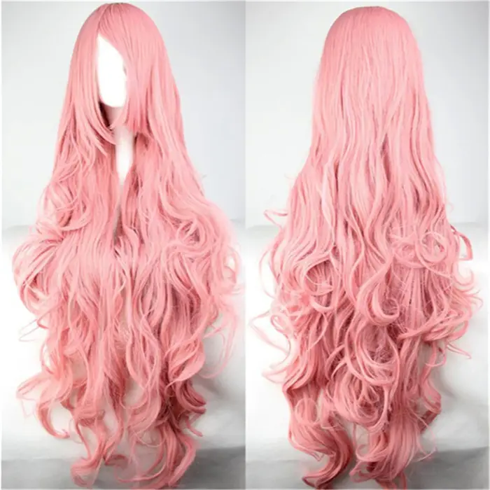 Perruques de cheveux synthétiques pas cher 100 CM longue perruque rose avec frange
