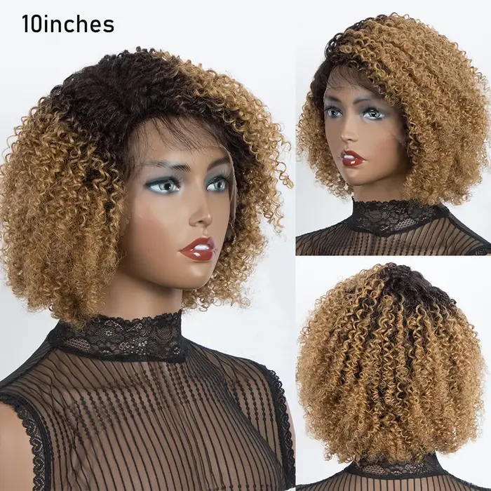Perruque Bob Cheveux Humains Bouclés Crépus Ombré Brun 13x5x1 T Lace Frontal Densité 180% 10 Pouces Pré-Pluckée Sans Colle Noir Naturel pour Femmes