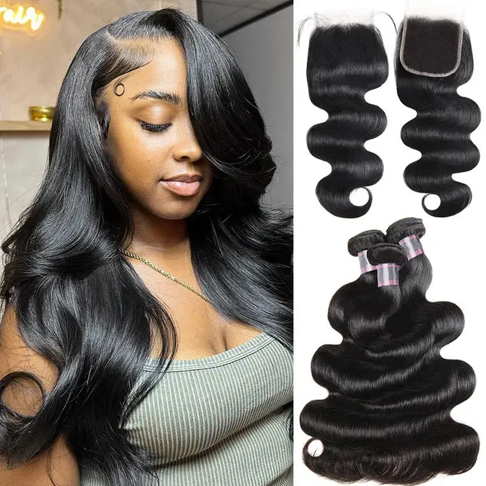 Extensions de cheveux humains brésiliens Remy non traités avec closure, tissage de cheveux vierges, 