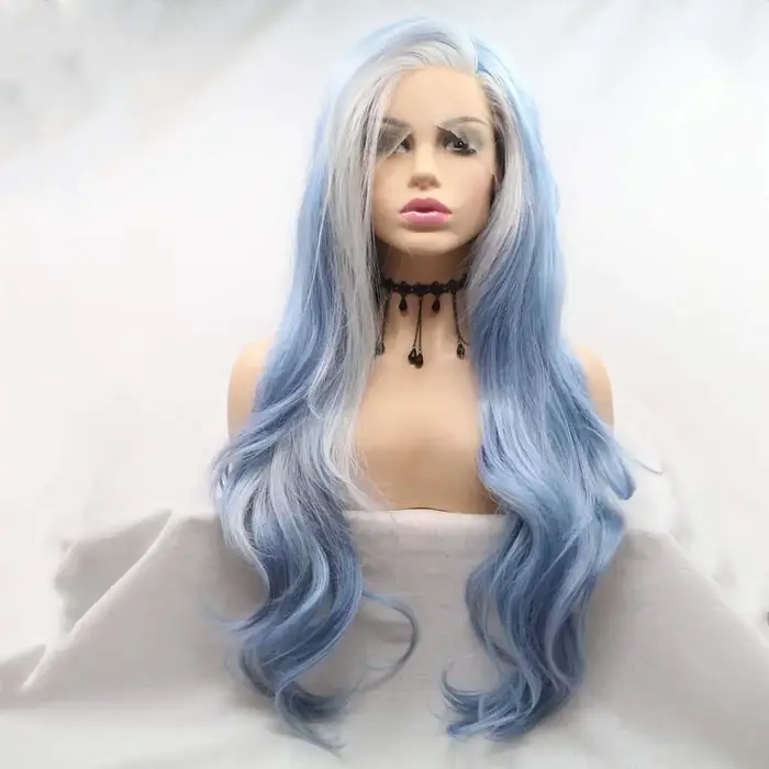 Perruques Sylvia, longues et ondulées, bleu/blond, synthétiques, avec dentelle frontale bleue, pour 