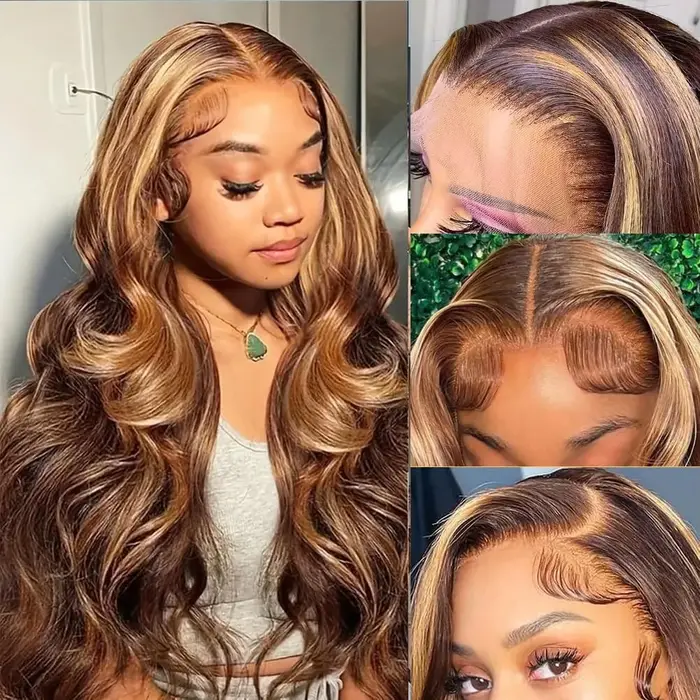 Perruque en cheveux humains avec dentelle frontale HD 13x6, densité 200%, couleur 427 avec mèches, 4