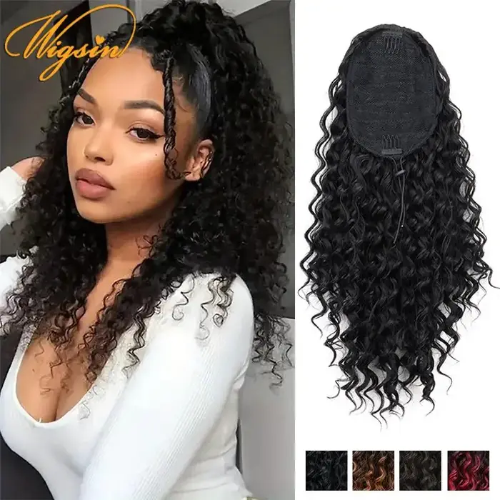 WIGSIN 18 pouces synthétique crépus bouclés queue de cheval cheveux courts moelleux bouclés cordon p