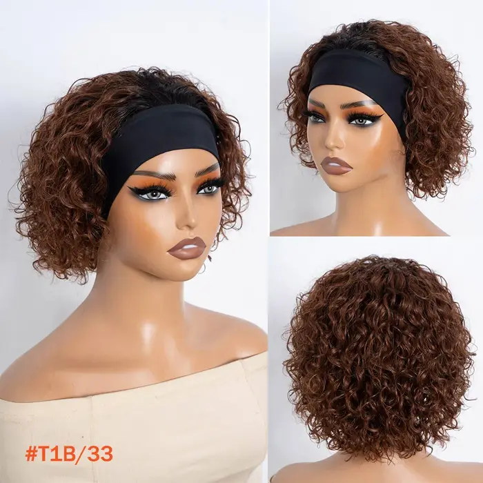 Perruque bandeau en cheveux humains bouclés, perruques brunes à enfiler, perruques bandeau sans colle avec bande élastique, coupe pixie, perruques bouclées en cheveux humains