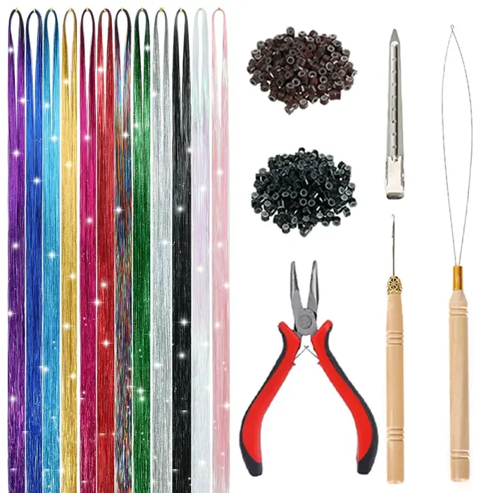 Kit de mèches synthétiques de 48 pouces avec outil, 1200 brins, extensions de cheveux en tinsel, 12 