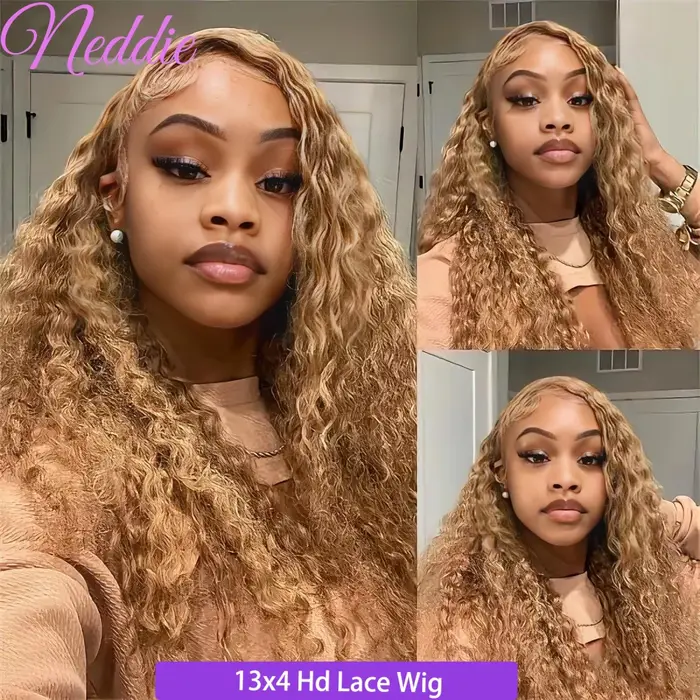 27 #   Perruque Lace Frontal Wig naturelle bouclée, cheveux blond miel, 13x4, Deep Wave, 30 34 pouce