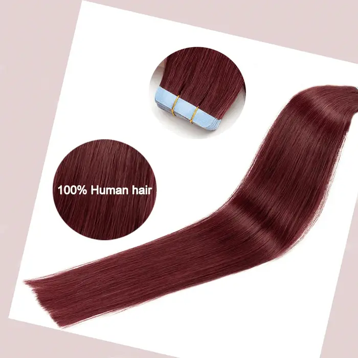 Extensions de cheveux humains lisses bordeaux 99J à bandes adhésives 50G - 100%