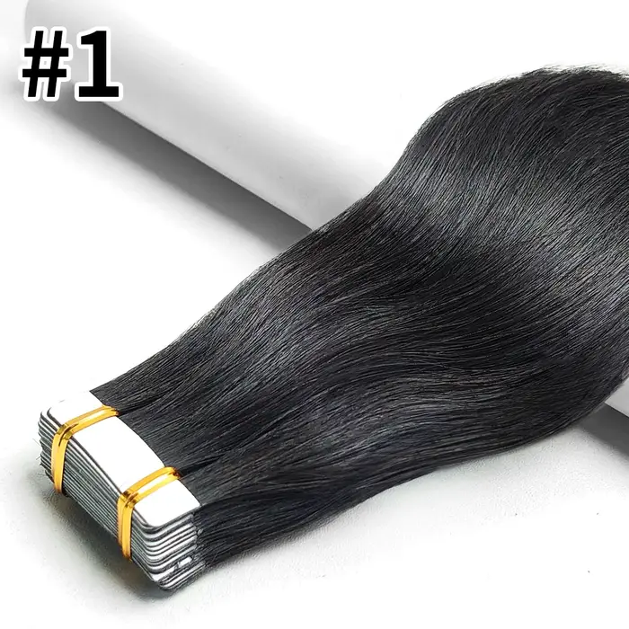Extensions de Cheveux Humains Raides Naturels 1B, Noir Brun Blond 100% Remy Trame de Peau, Colle Adh