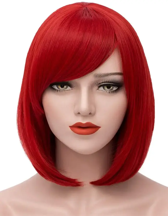 Perruque synthétique courte avec frange pour femme, cheveux lisses, coupe au carré, rouge, naturel, 