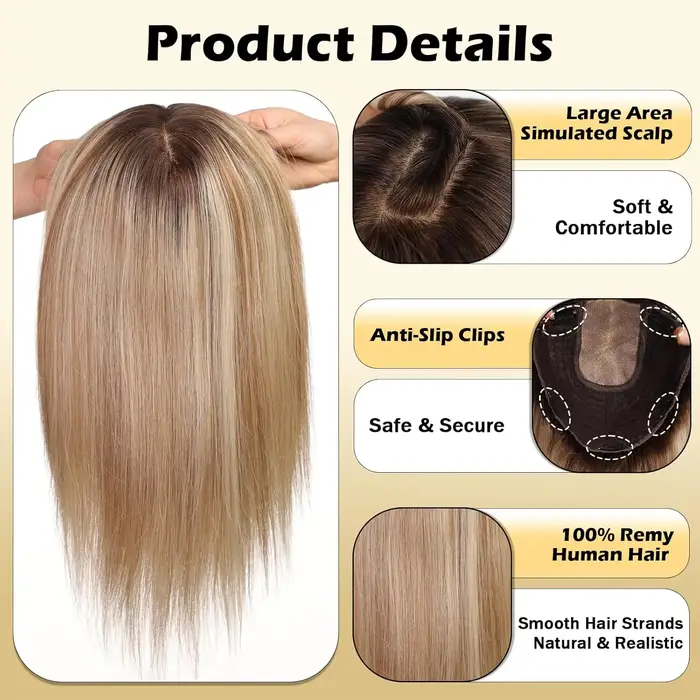 Pièces de cheveux à Base grande 9x9 pouces, reflets bruns, Toppers de cheveux humains de 16 pouces p