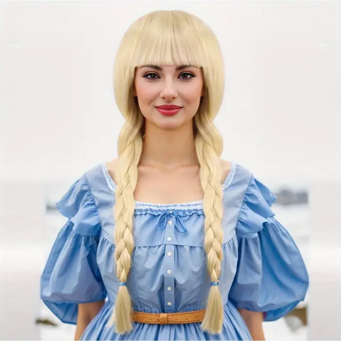 Perruque blonde longue à double tresses avec frange