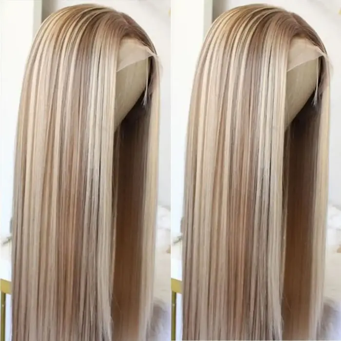 Perruque Lace Front Wig synthétique lisse à reflets bruns, perruque Lace Front Wig 13x4 pre-plucked 