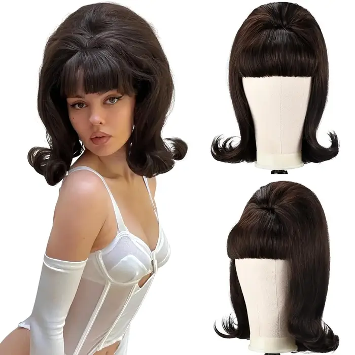 Perruque marron rétro 50S 60S 70S pour dames avec frange, perruque synthétique pour fête costumée d'