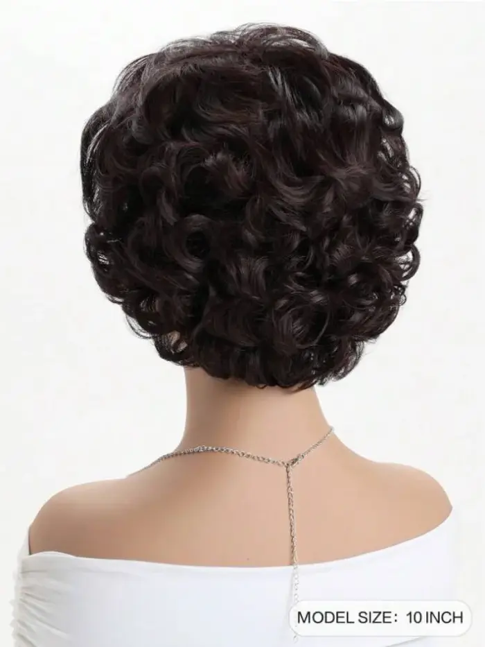 Perruque ondulée courte bouclée marron foncé avec frange de cheveux 100% perruques