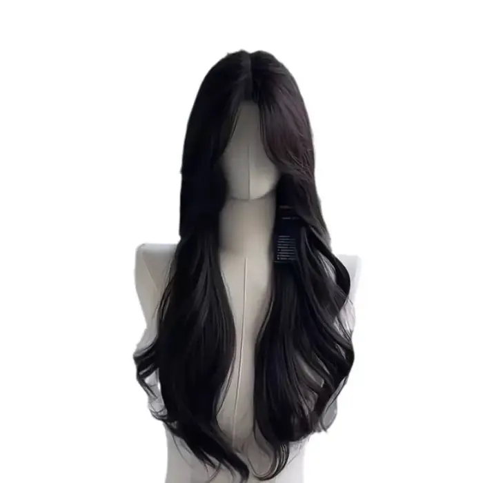 Perruque de cheveux longs noirs simulés pour femmes