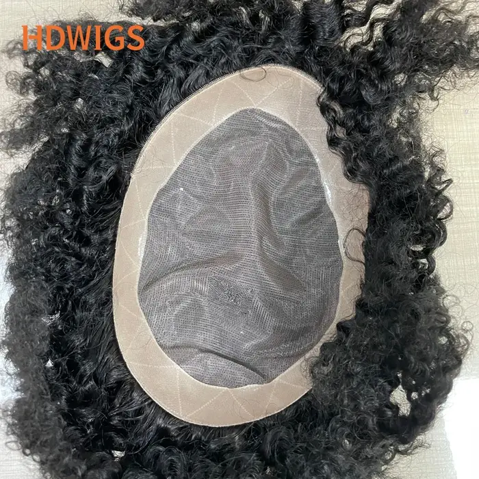 Prothèse capillaire homme bouclée en cheveux humains indiens Remy